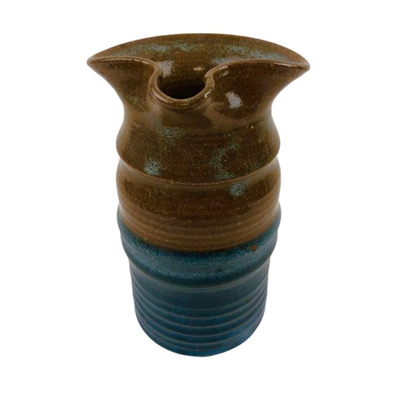 Art Studio Pottery Pitcher Blue Brown Color Block Handle Pour Spout Signed - Picture 5 of 10